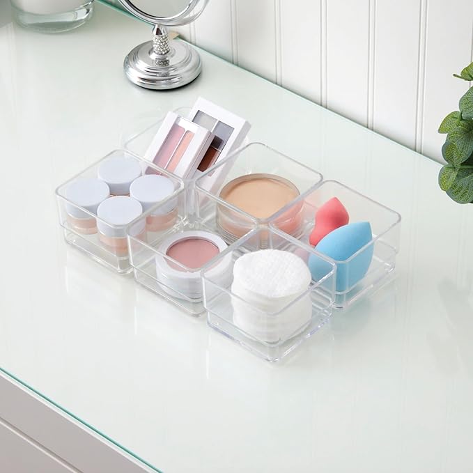 STORi SimpleSort 6-Piece Stackable Clear Drawer Organizer Set | 3" x 3" x 2" Square Trays | Small Makeup Vanity Storage Bins 