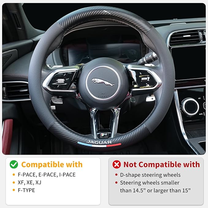 Carbon Fiber Leather Steering Wheel Cover Compatible with Jaguar F-PACE E-PACE XF XE XJ F-Type I-PACE, 14.5"-15" Universal Non-Slip Breathable PU Leather Jaguar Interior Accessories
