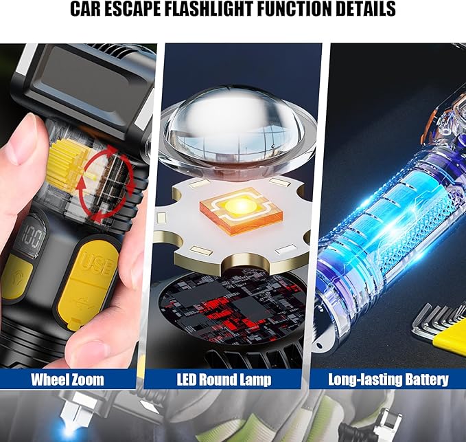 Safety Hammer Flashlight for Car, Emergency Rescue Tool with Seatbelt Cutter, 6 in 1 Screwdrivers Bit Storage Kit, Sound & Li