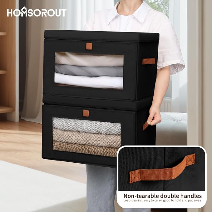 Homsorout Collapsible Storage Bins - Large Stackable Organizer Bins, Decorative Boxes with Handles & Window, Fabric Container