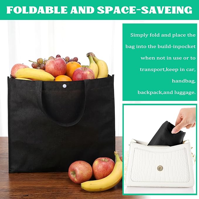 Boao 48 Pack Reusable Grocery Bags 13''L x 9.4''W x 15''H Large Foldable Shopping Tote Bag Non Woven with Handle and Button