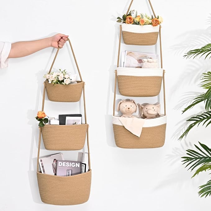 Hanging Storage Baskets, Over the Door Basket, Cotton Wall Baskets Storage, Hanging Door Basket with 4 Hooks
