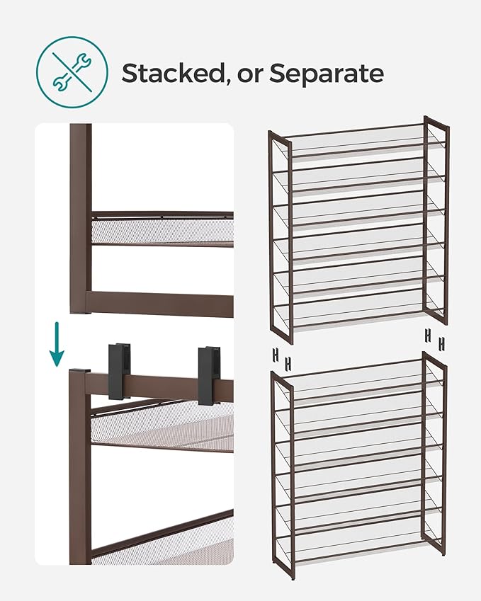SONGMICS Shoe Rack, 12-Tier Shoe Organizer, Metal Rack for Garage, Set of 2, 6-Tier Stackable Shelf, with Adjustable Flat or 