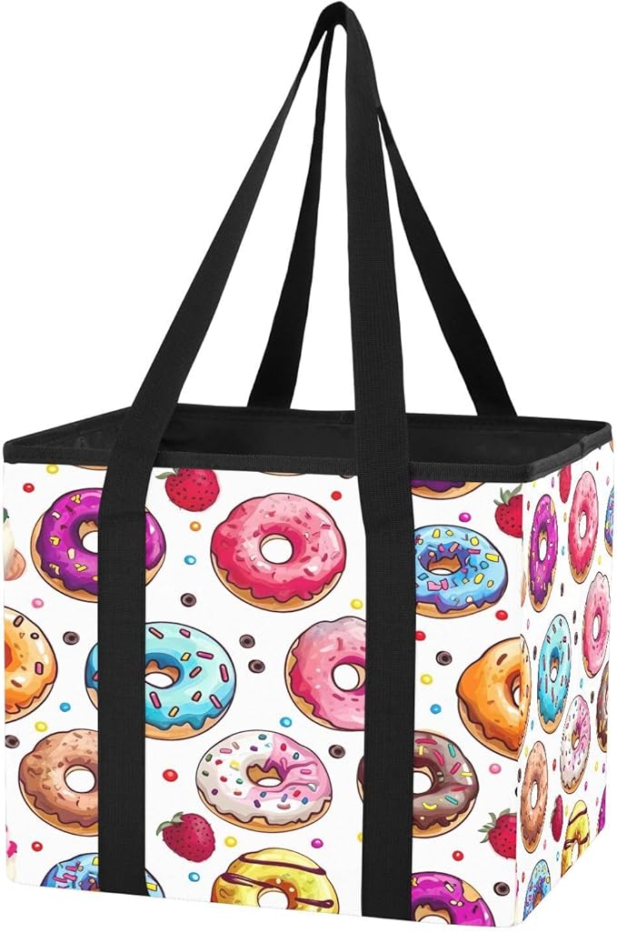 Donuts Pattern Reusable Grocery Bags Large Shopping Tote Bag with Reinforced Bottom Board, Water Resistant Foldable Storage B