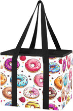 Donuts Pattern Reusable Grocery Bags Large Shopping Tote Bag with Reinforced Bottom Board, Water Resistant Foldable Storage B