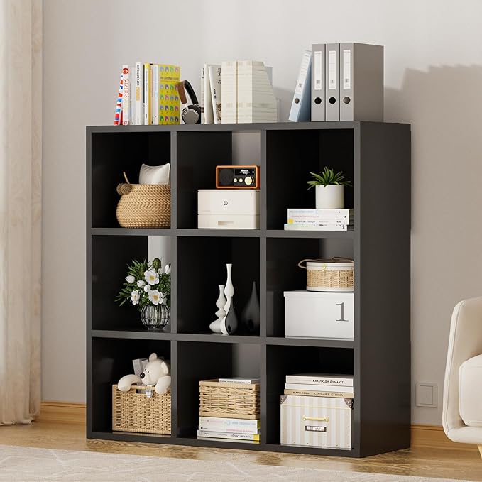 COMHOMA 9 Wood Cube Storage Organizer with Open Back and Removable Back Panels, 11In Black Cube Storage Bookshelf, Cubicle Sh