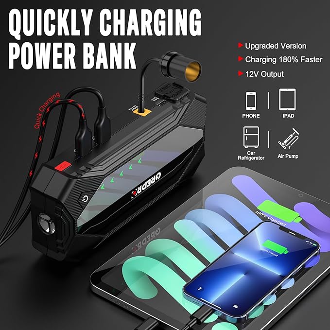 GREPRO Jump Starter (10L Gas & 8.0L Diesel Engines), 3000A Car Battery Jump Starter Battery Pack,12V Booster, Jump Box with