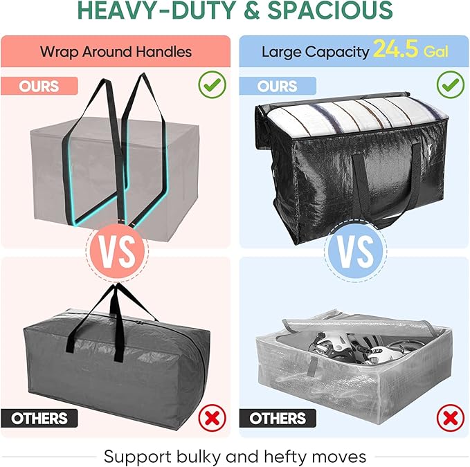 BALEINE 4-Pack Oversized Moving Bags with Reinforced Handles, Heavy-Duty Storage Tote for Clothes, Moving Supplies (Black, 4-