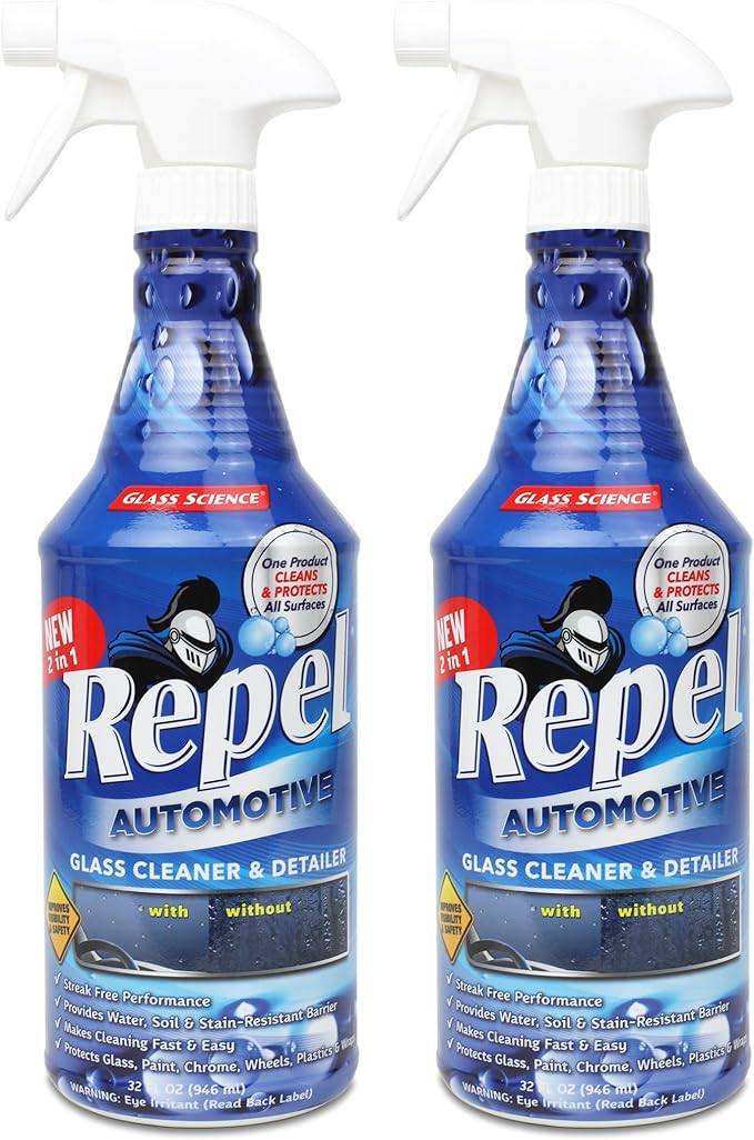 Repel Auto Glass Cleaner, Streak-Free with Protective Nano Barrier. Minerals, & Grime. Makes Glass Self-Cleaning. Safe & Non-