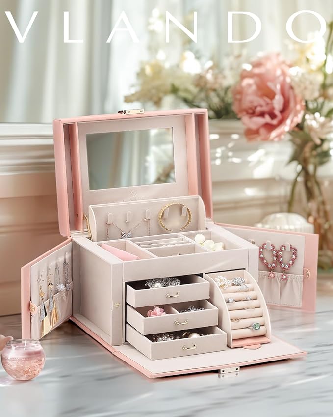 Vlando Jewelry Box Organizer for Girls Women, Large Baroque Jewelry Holder Organizer with Mirror, 3 Drawers for Bracelets, Ea