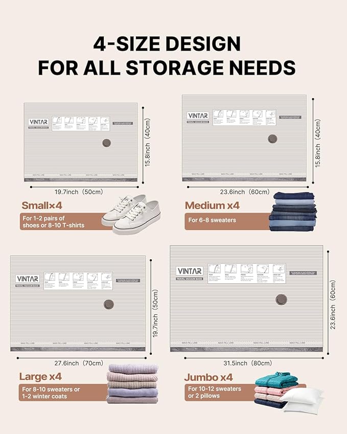 Vacuum Seal Bags for Clothing Travel, VINTAR 16 Pack Vacuum Storage Bags with Rechargeable Wireless Pump, Space Saver Bags(4 