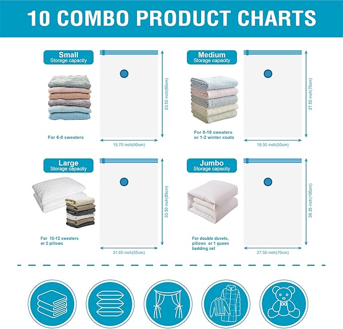 Cozy Essential Vacuum Storage Bags, 80% Compression Vacuum Seal Space Saver Plastic Packaging Bags for Clothes, Blankets, Pil