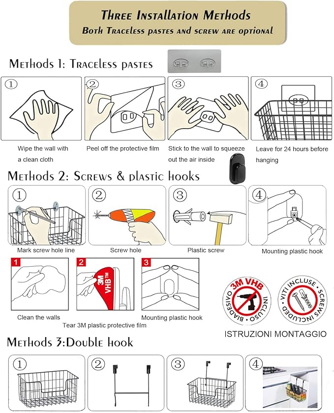JUNCHU CHERRY Wire Storage Basket 2 Packs, Wall Mounted Kitchen Bathroom, Hanging Cabinet Door Storage Basket, no Drilling, S