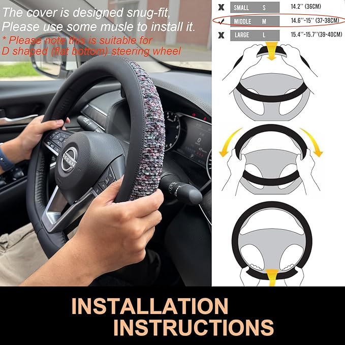 PINCTROT D Shaped Chenille Leather Steering Wheel Cover, Soft Mottled Colors, Sweat-Proof, Non-Slip Grip, All-Season Comfort,