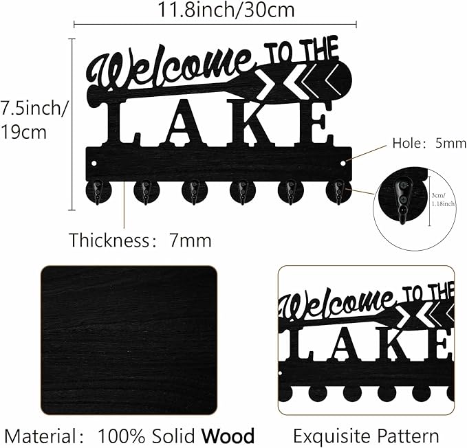 Lake House Key Holder Black Key Holder Wall Mount 11.8 x 7.5 Inch Welcome to The Lake Wooden Keychain Hanger Organizer Rack w