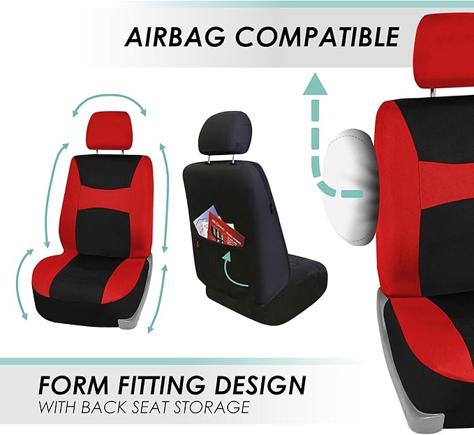 FH Group Car Seat Covers Full Set Cloth - Universal Fit, Automotive, Low Back Front, Airbag Compatible, Split Bench Rear Wash