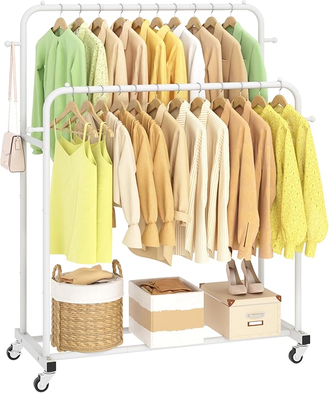 Laiensia Double Rods Garment Rack with Wheels, Clothing Rack for Hanging Clothes,4 Hooks, Multi-functional Bedroom Clothes Ra