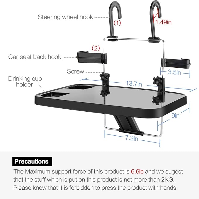 AutoChoice Foldable Car Seat Back Portable Tray for Food Dining Drink and Laptop, Hanging Car Steering Wheel Tray (Black)