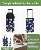 Foldable Rolling Bag, Portable Small Shopping Cart with Wheels, Collapsible Shopping Tote with Stylish Pattern for Market & Grocery Runs–Gift for Women & Seniors, Expandable L, Black