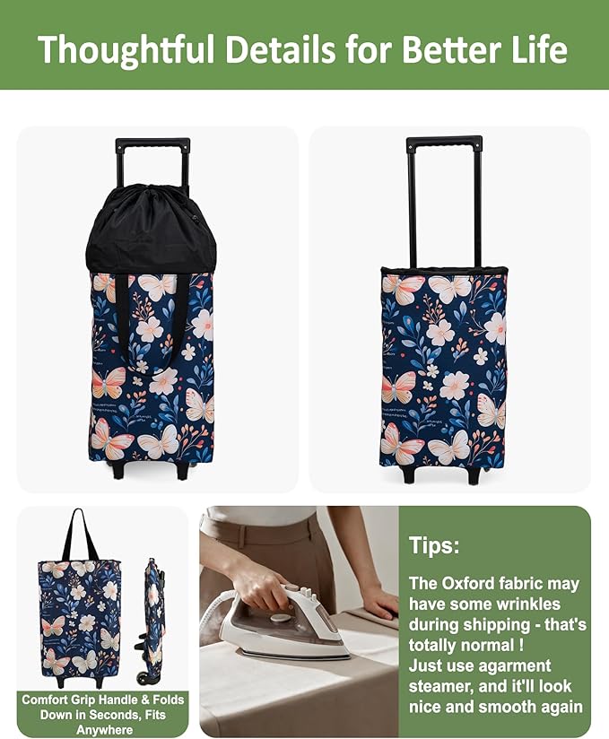 Foldable Rolling Bag, Portable Small Shopping Cart with Wheels, Collapsible Shopping Tote with Stylish Pattern for Market & Grocery Runs–Gift for Women & Seniors, Expandable L, Black