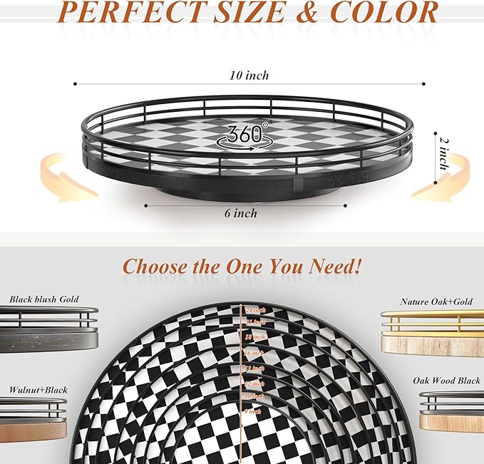 Black and White Kitchen Lazy Susan Turntable – Checkered Round Decorative Tray, 10” Table Top Oak Wood Lazy Susan for Cookies