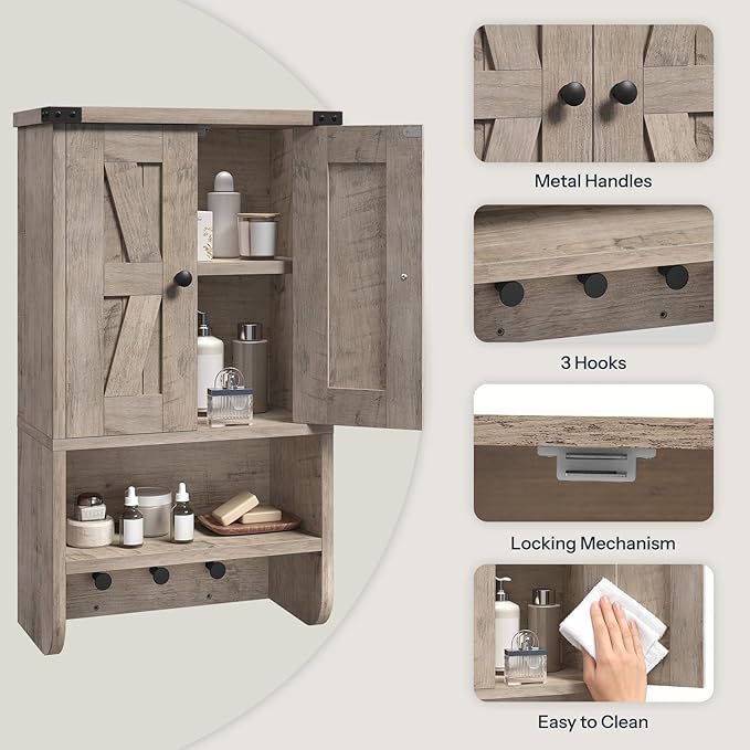 MAHANCRIS Bathroom Wall Cabinet, Farmhouse Medicine Cabinet with Adjustable Shelf, 3-Tier Wall-Mounted Storage Cabinet with 3