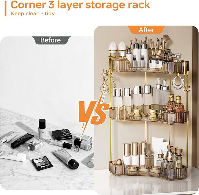 3-Tier Corner Bathroom Counter Organizer，Makeup & Skincare Shelf with Built-in Brush Holder，Space-Saving Bathroom Countertop 