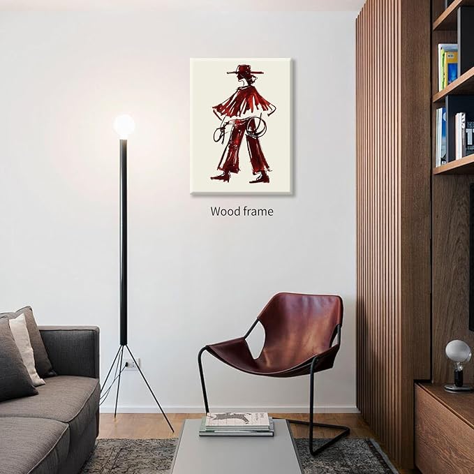 Vintage Western Cowboy Framed Wall Art Decor Red Wine Cowgirl Posters Burgundy Cowgirl Prints Midwest Rustic Cowboy Painting 
