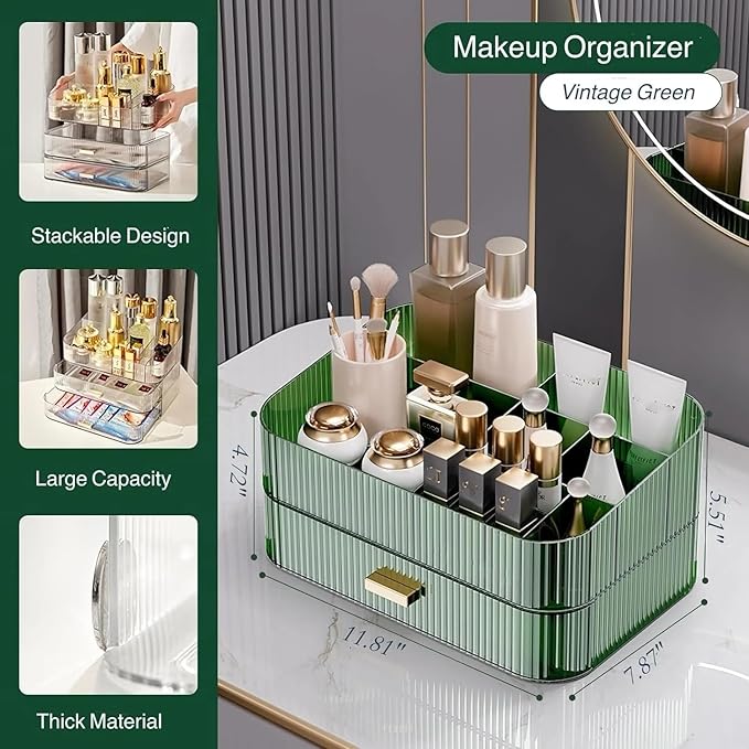 Makeup Organizer for Vanity, Large Desk Organizer with Stackable Drawer for Cosmetics, Skincare, Lipsticks, Eyeshadow Palette