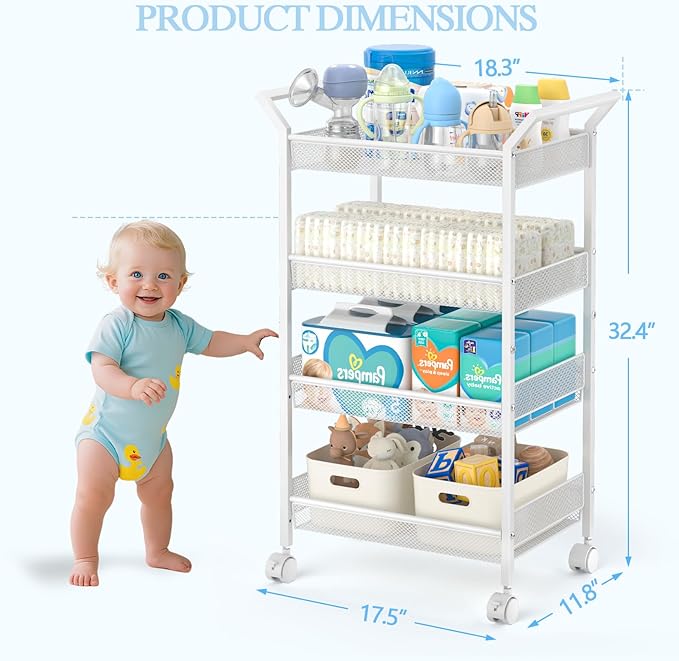 2 Pack Baby Diaper Caddy Cart, 4-Tier Diaper Caddy Organizer and Storage, Rolling Utility Cart for Baby Supplies, Diaper Cart