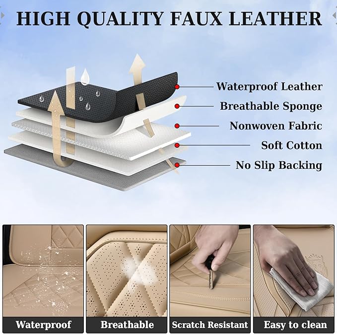 Coverado Front Seat Covers, 2-Pack Luxury Faux Leather Car Seat Cover, Beige Seat Covers, Car Seat Protector Waterproof, Car 