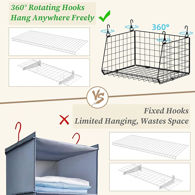3-Pack Hanging Laundry Room Organizaton：Foldable Laundry Basket Wire Basket with 360°Rotating Hooks Small Space Organization 