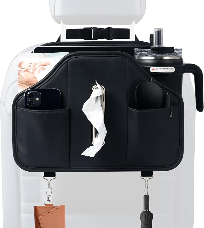Upgraded Car Tissue Holder,Car Seat Back Organizer With Cup Holder,Premium PU Leather Headrest Seat Back Storage Fits For Kleenex Tissue Box (50-230ct)