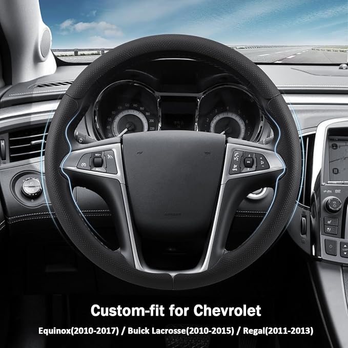 Steering Wheel Cover for Chevy (Chevrolet) Equinox 2010-2017/ GMC Terrain 2010-2017/ Buick Lacrosse 2010-2015/ Regal 2011-2013 (Perforated Black)