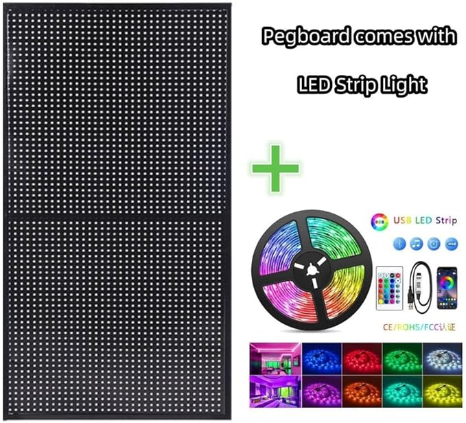 Peg Board with RGB+IC LED Strip Lights,2PCS Metal Pegboard Panels,Heavy Duty Pegboard Gaming Room Wall Organizer with Hooks,D