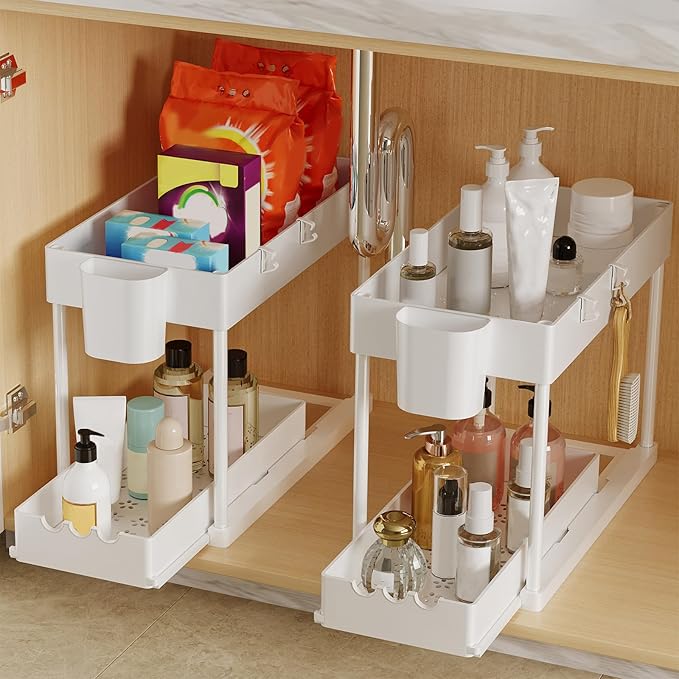 2 Pack Under Sink Organizers and Storage, 2-Tier Sliding Cabinet Organizer Drawer for Bathroom and Kitchen – Multi-Purpose Ca