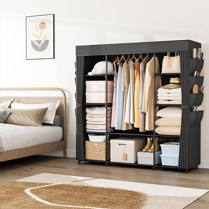 Portable Closet for Hanging Clothes 57.3 Inch Large Capacity Wardrobe Closet with Cover, 8 Pockets and 1 Hanging Rod, Easy As