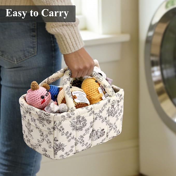 Small Storage Basket Organizer, Mini Fabric Floral Storage Baskets with Handle, Quilted Portable Collapsible Storage (Vine-Co