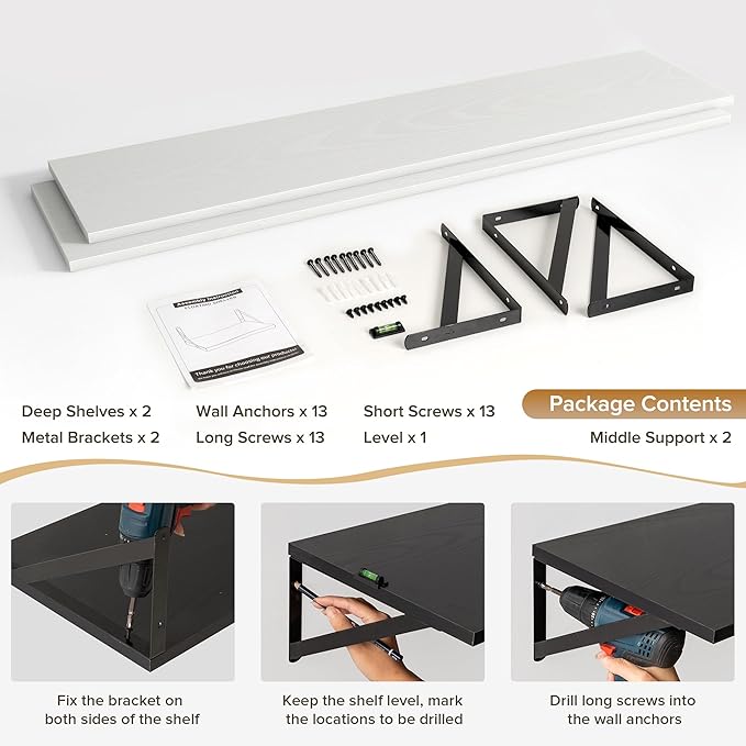 Deep Floating Shelves Wall Mounted, 55"x12" White Wall Shelves with Brackets Set of 2 for Bedroom, Living Room, Bathroom, Kit