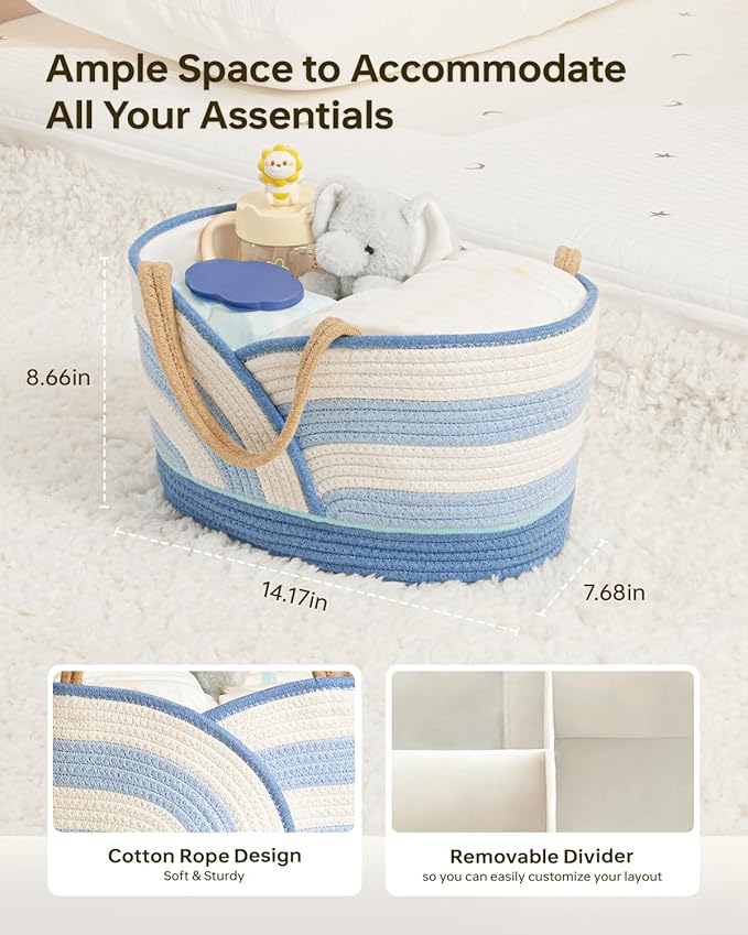 Baby Diaper Caddy Organizer - Portable Cotton Rope Diaper Caddy Basket for Nursery, Gift for Baby Shower List, Storage for Di