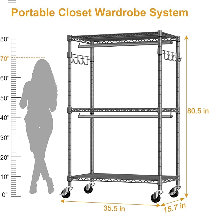 ULIFHOME P1 Rolling Clothing Rack with Lockable Wheels, Heavy-Duty Garment Rack for Hanging Clothes, Portable Closet Wardrobe