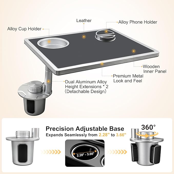 Car Food Tray & Car Table Tray with Car-Grade Aluminum Cup Holder & Phone Stand, Premium Wood with Leather Surface, 360° Rotating Car Desk for Laptop &Eating (Square, Black)