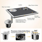 Car Food Tray & Car Table Tray with Car-Grade Aluminum Cup Holder & Phone Stand, Premium Wood with Leather Surface, 360° Rotating Car Desk for Laptop &Eating (Square, Black)