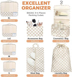 BAGAIL 9 Set Packing Cubes with Packing List Luggage Packing Organizers for Travel Accessories (Khaki checkered)