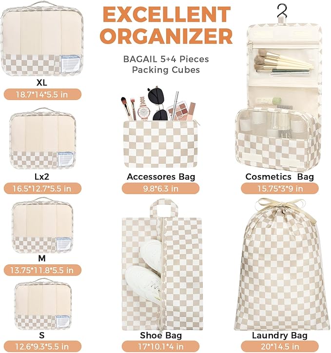 BAGAIL 9 Set Packing Cubes with Packing List Luggage Packing Organizers for Travel Accessories (Khaki checkered)