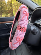 Handmade Crochet Pink Bow Car Steering Wheel Covers Universal 14-15 inch,Cute Steering Wheel Cover,Car Accessories (A,Steering Wheel Cover)