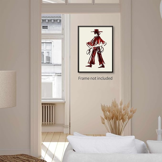 Vintage Western Cowboy Wall Art Decor Red Wine Cowgirl Posters Burgundy Cowgirl Prints Midwest Rustic Cowboy Painting Picture