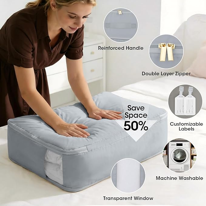2 Pack Comforter Storage Bag, 136L Blanket Storage Bags Self Compression Comforter Organizer and Storages, Space Saving Washa