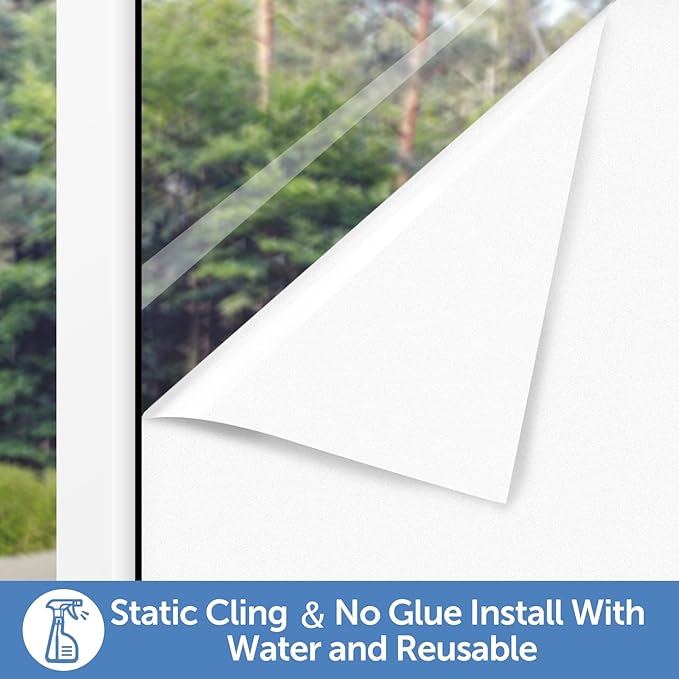 HIDBEA Frosted Window Privacy Film - Non Adhesive Static Cling Glass Stickers Sun UV Blocking Heat Control Door Covering Decals for Home Office(35.4 x 196.8 Inch, Frosted White)