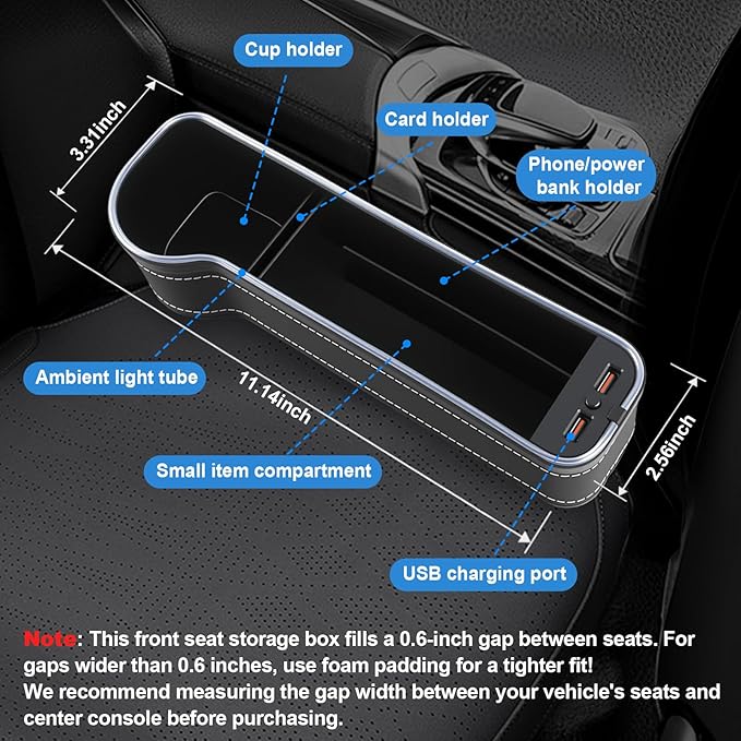 2 Pack Car Seat Gap Organizer Filler Multifunctional Seat Gap Storage Box with USB Fast Charger Car Seat Pockets with Led Light Car Seat Gap Filler with Cup Holder